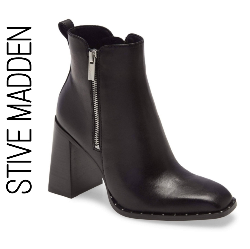 STIVE MADDEN Square Toe Leather Block Heel Booties